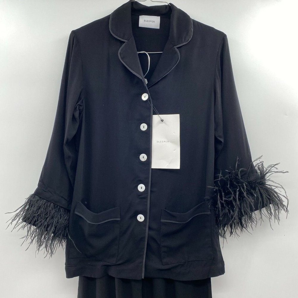 Sleeper Women’s Pajama Party Set Ostrich Feathers Black Double Feather Trim sz L - Picture 3 of 6